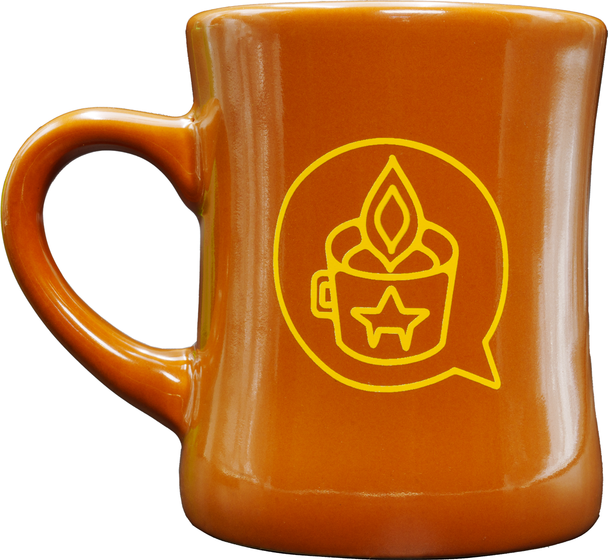 Brown diner mug yellow cup logo